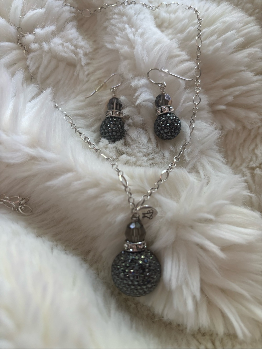 Hillberg and Berk hematite 18mm necklace and long earrings vintage set sparkle